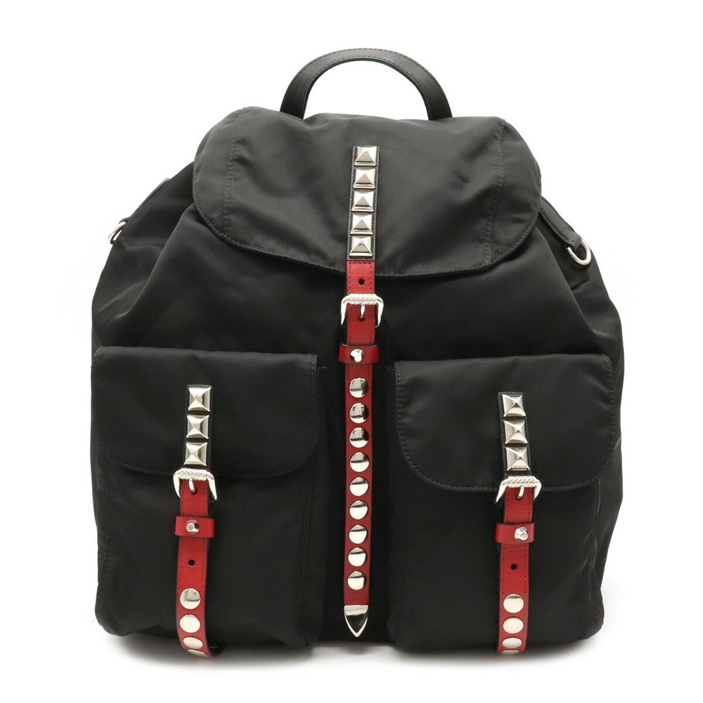 Prada Vela Leather Nylon Black Nero Backpack Studded - Picture 2 of 7